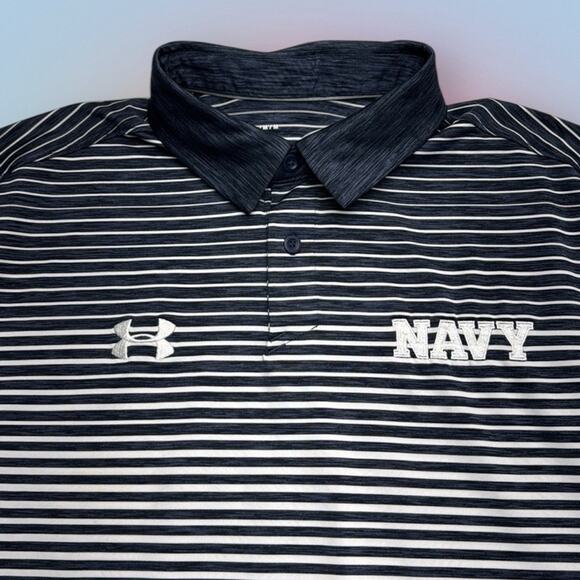 NAVY / UNDER ARMOUR Men’s Medium Blue Stripe Polo Shirtt - Picture 1 of 3